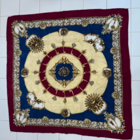 Large Silk Scarf in red, beige and blue - Picture 2 of 4